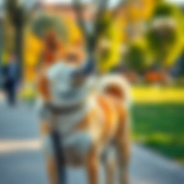 A Shiba Inu wearing a leash, looking at another dog while walking in the park, with a concerned owner nearby