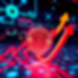 Shiba Coin logo surrounded by upward trending arrows on a digital background