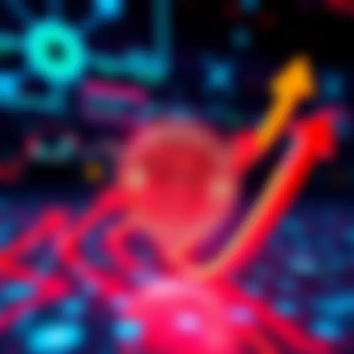 Shiba Coin logo surrounded by upward trending arrows on a digital background