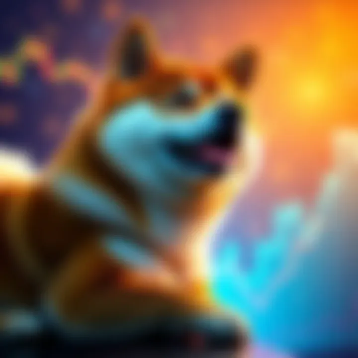 A graphic showing the Shiba Inu dog above a rising cryptocurrency chart, symbolizing its potential return to $0.00001.