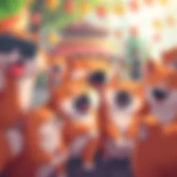 Shibes Gathering A group of cartoon dogs engaging and playing together in a lively community setting, showcasing friendship and fun among shibes.