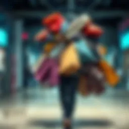 A person struggling to carry multiple shopping bags filled with clothes and items, looking overwhelmed by their purchases.