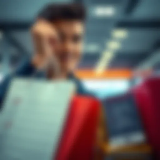 A person holding a shopping bag with a thoughtful expression, considering a purchase decision. A price tag and quality check list are visible nearby.