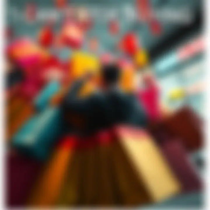 A person surrounded by shopping bags looking overwhelmed with purchases