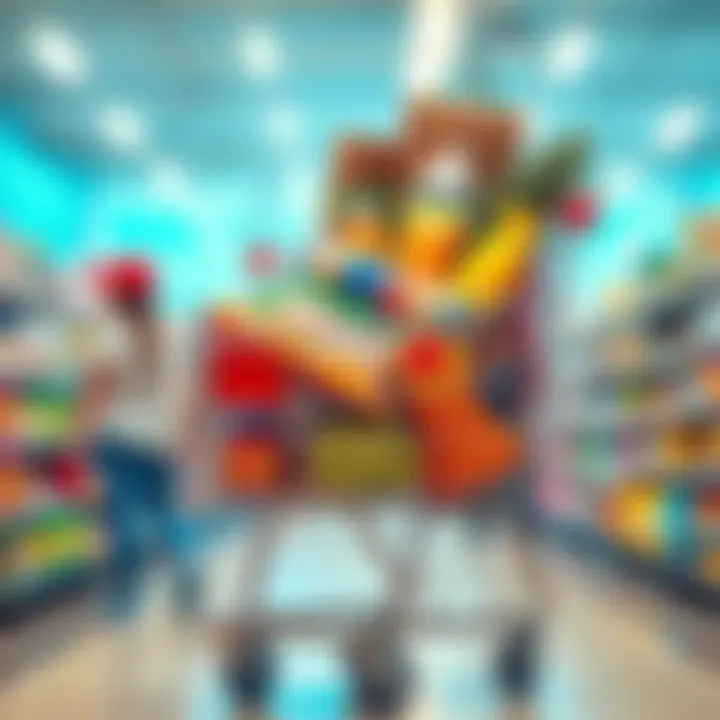 Shopping Cart Full of Supplies A shopping cart overflowing with groceries and supplies, showcasing the trend of panic buying among people, with a busy store background.
