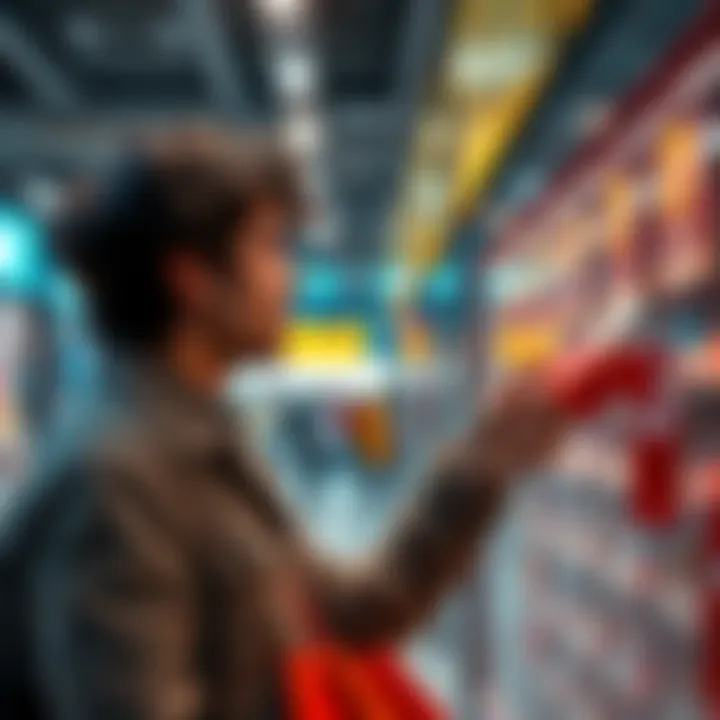 A person weighing options between buying now or waiting for a better price, looking at sale tags in a store.