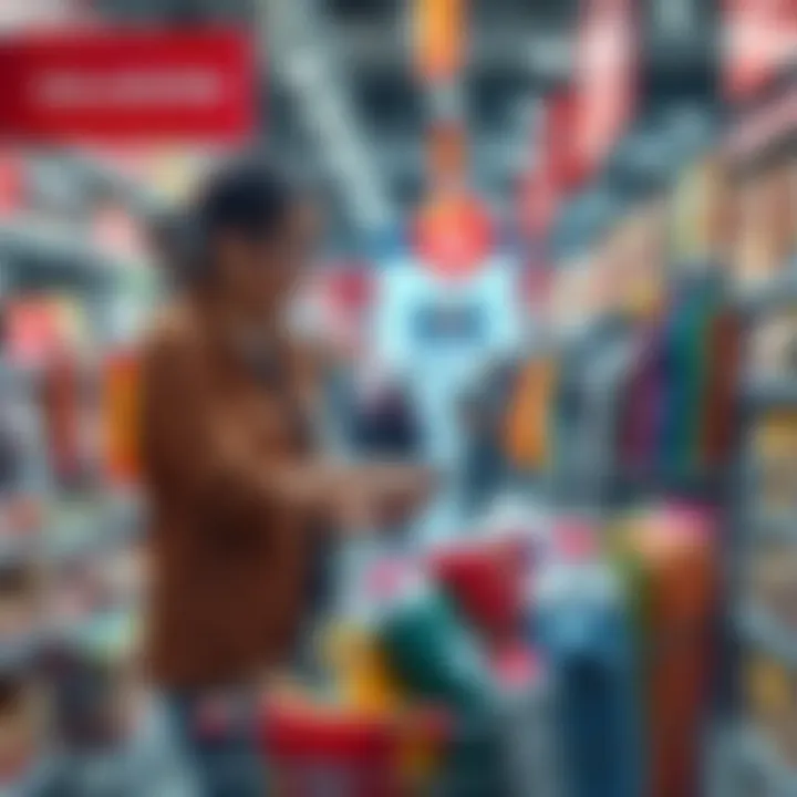 A shopper comparing prices of products during a sale, looking at discounts, with a cart full of discounted items.