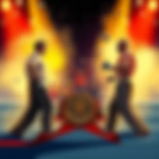 A dramatic illustration of two rivals facing off, with a cheering crowd in the background and a championship belt on the floor between them.