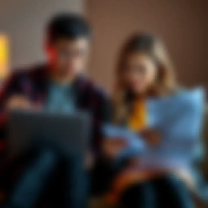 Two siblings discussing investments, one leaning towards a laptop showing crypto charts while the other holds a document about index funds.