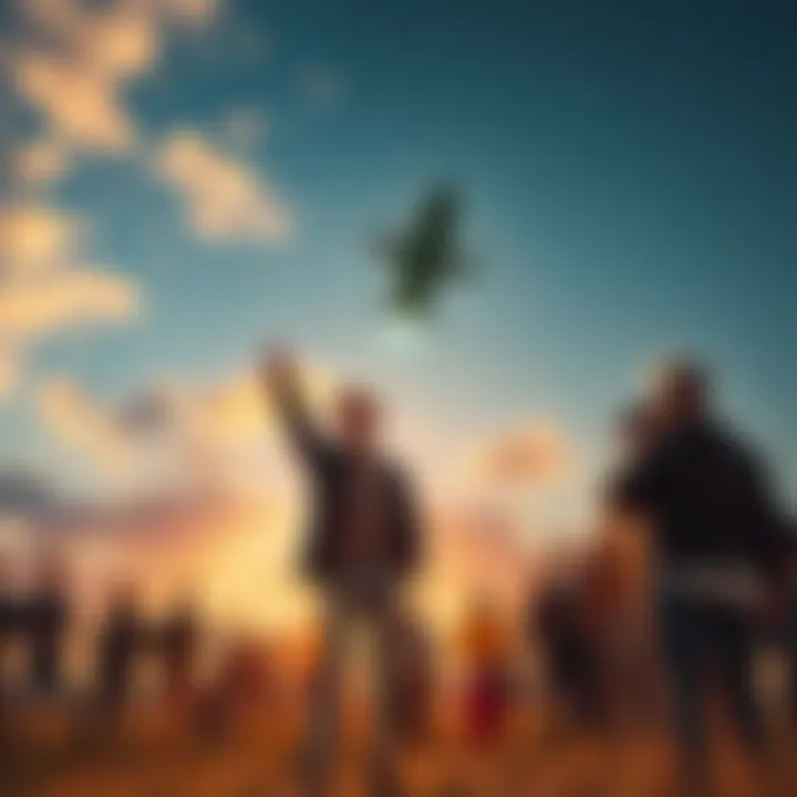 A person stands outside, pointing up to an unusual object in the sky, surrounded by a group of curious onlookers