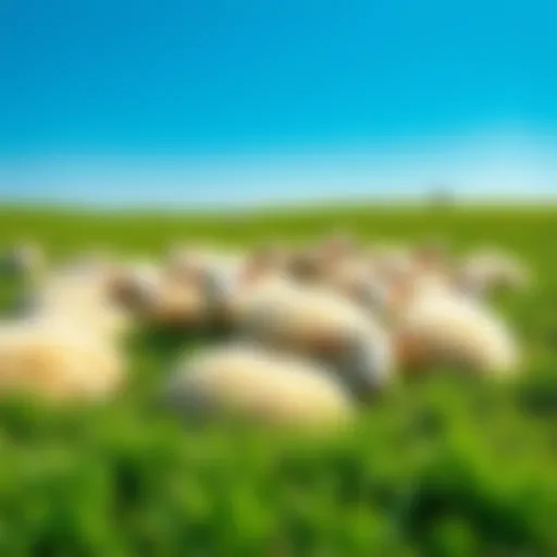 A flock of sheep peacefully sleeping in a green pasture under a clear blue sky