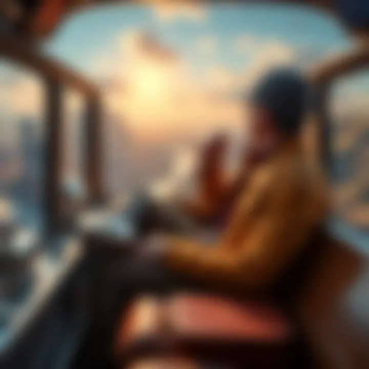 A traveler sitting on a tiny bus with colorful passports and diamonds in hand, surrounded by scenic views