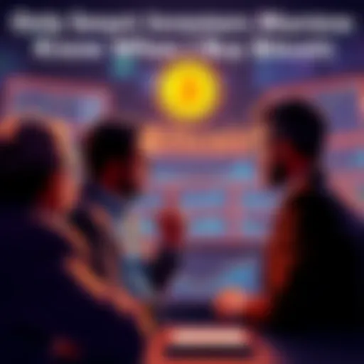 A group of investors discussing Bitcoin trends with charts and graphs on a screen