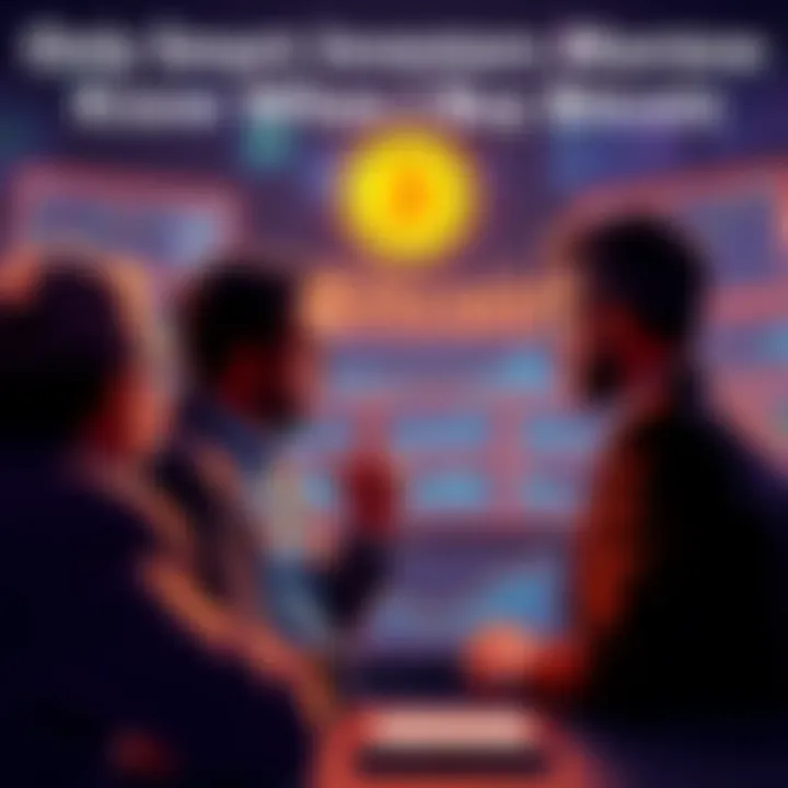 A group of investors discussing Bitcoin trends with charts and graphs on a screen