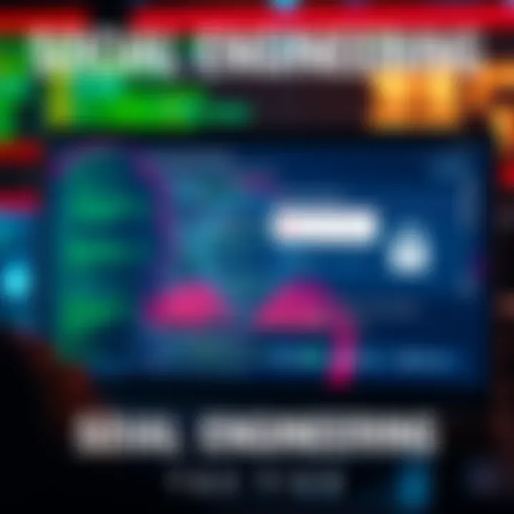 A graphic showing social engineering tactics used in a cyber hack, with overlays of code and a computer screen featuring security alerts.