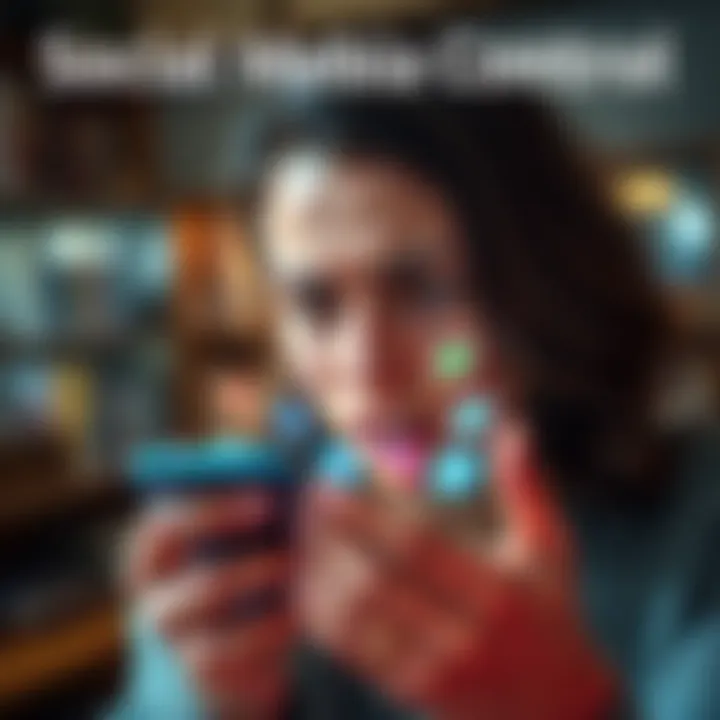 A person looking frustrated while holding a smartphone with social media icons displayed, representing the pressure of online interactions.