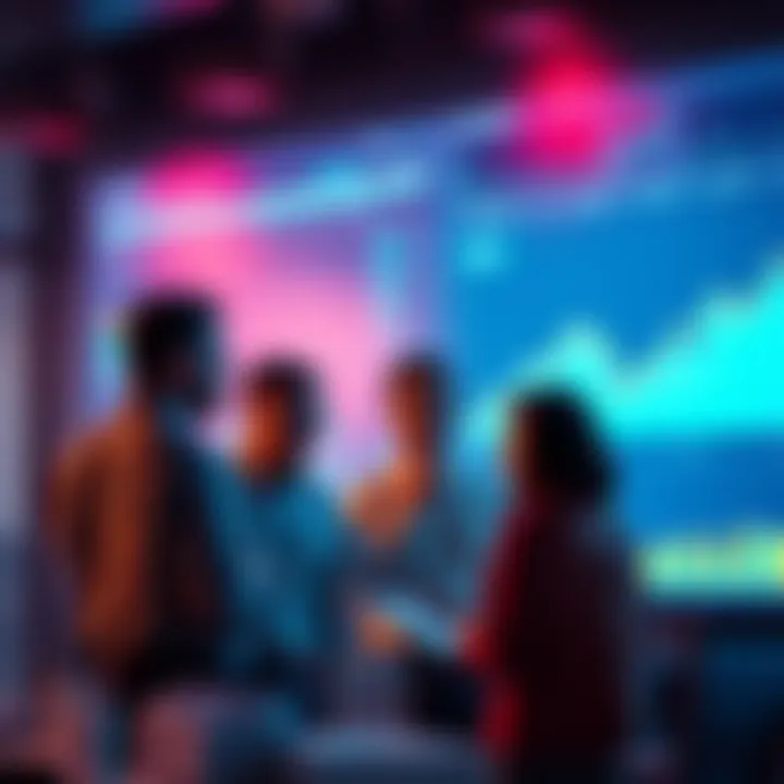 Group of $SOL holders discussing strategies with charts and graphs in the background