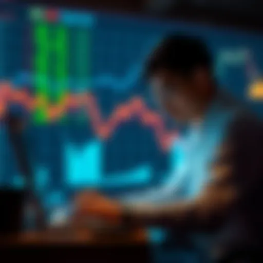 A person reviewing Solana prices on a laptop while considering staking options, with a graph showing a downward trend in the background.