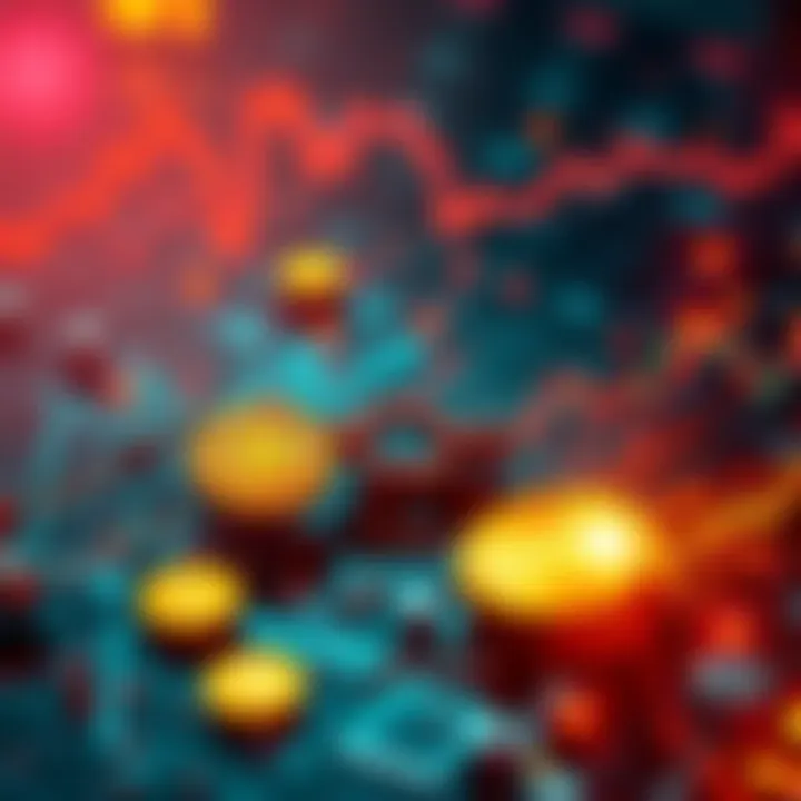 A visual representation of the Solana blockchain with memecoins and economic symbols, highlighting market volatility due to external factors.