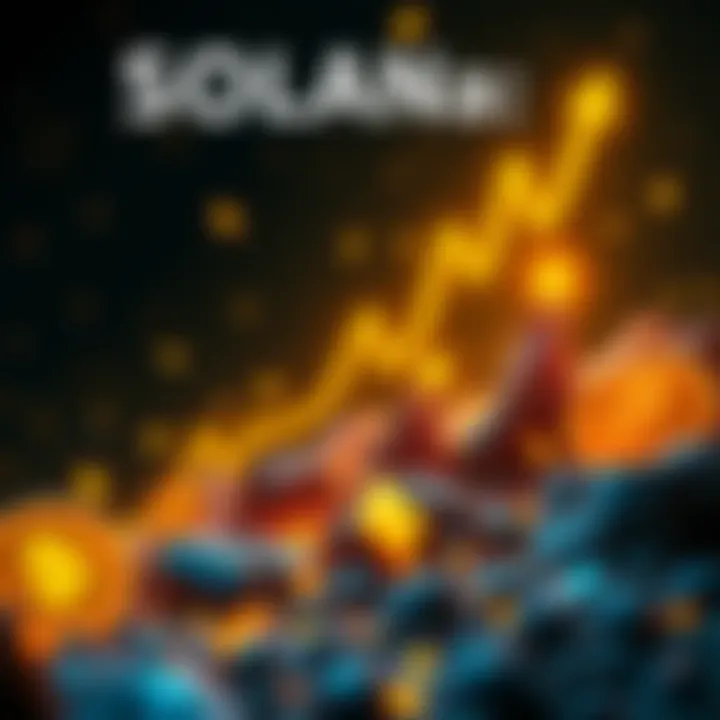 A visual representation of Solana's rising value with upward arrows and crypto symbols, emphasizing its advantages in speed and cost.