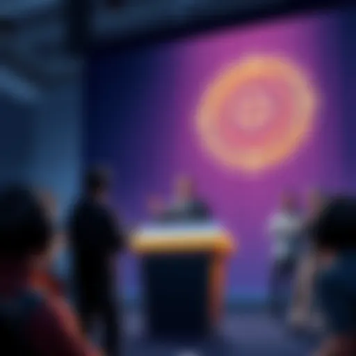 The president of the Solana Foundation giving a speech about the state of crypto gaming, surrounded by developers and gamers looking concerned.