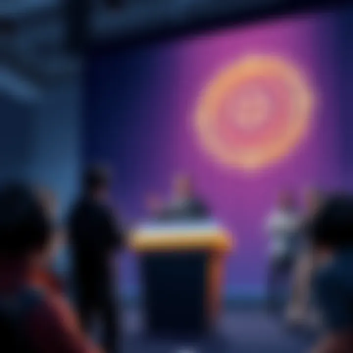 The president of the Solana Foundation giving a speech about the state of crypto gaming, surrounded by developers and gamers looking concerned.