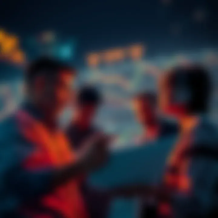 A concerned group of Solana holders reviewing market charts and discussing strategies, highlighting the volatility of investments in 2025.