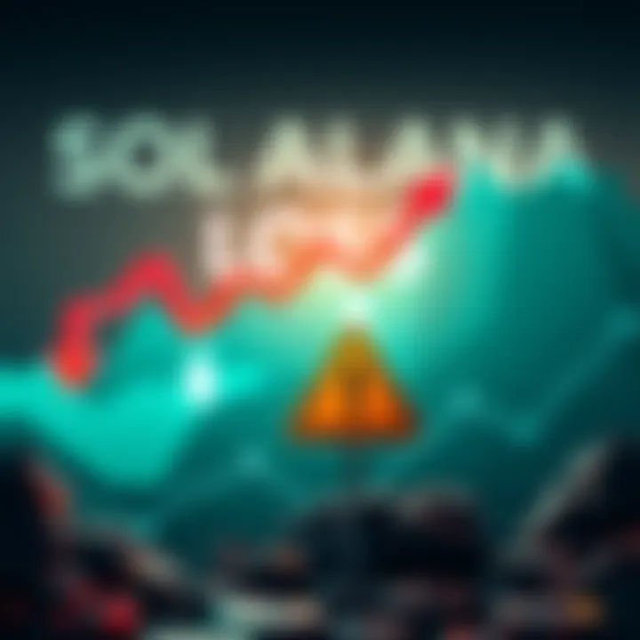 A graphic showing a steep decline in cryptocurrency values, focusing on Solana, with downward arrows and a warning sign.