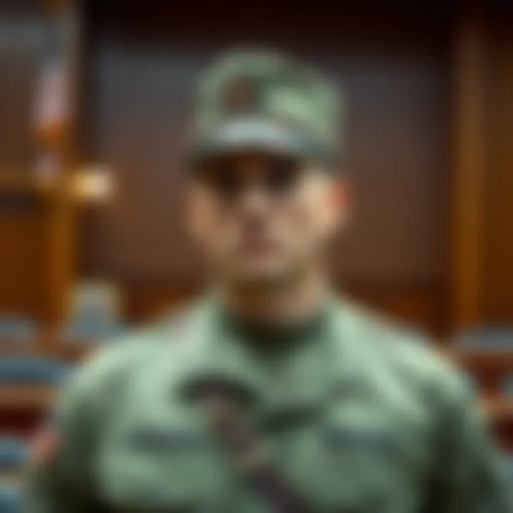 A U.S. soldier stands in a courtroom, looking concerned as charges of insider trading are announced, symbolizing the serious nature of the allegations.