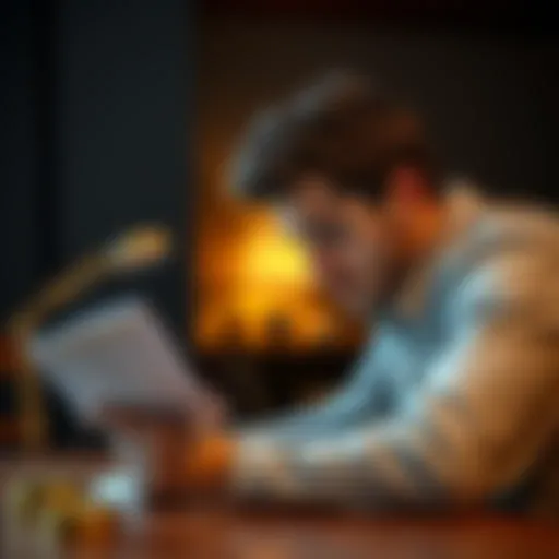 A young man looks at a bitcoin ledger while sitting at a table, deep in thought after his father's passing.