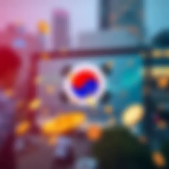 A graphic showing the South Korea central bank logo with cryptocurrency symbols around it, representing overseas crypto investments.