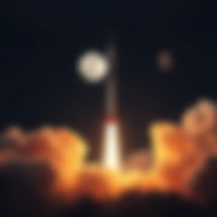 Rocket launching with Dogecoin logo toward the Moon, symbolizing the merger of cryptocurrency and space exploration.