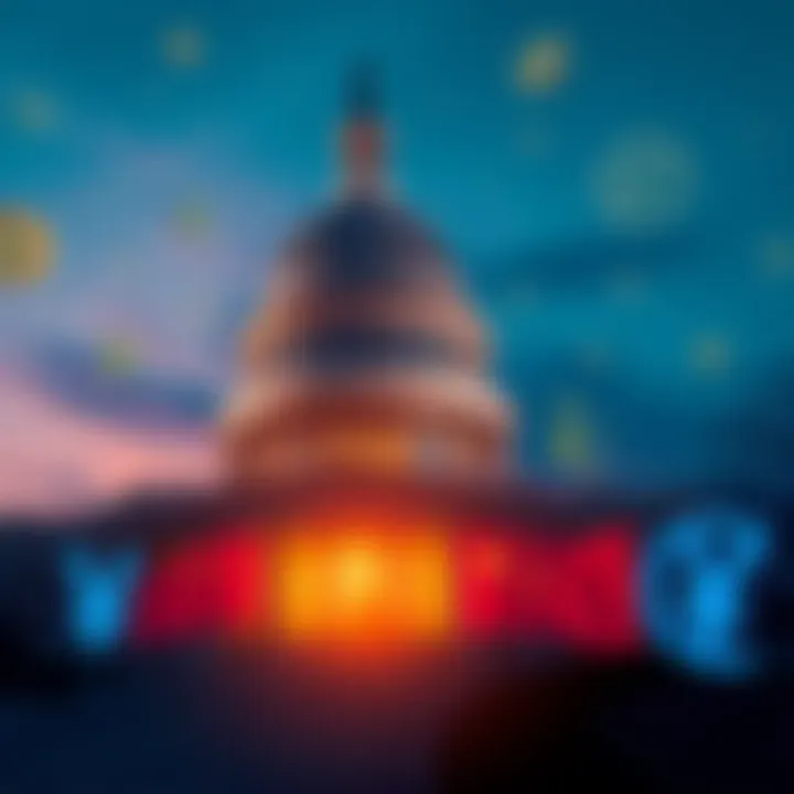 A visual representation of the U.S. Capitol building with crypto symbols and a digital yuan symbol, illustrating the competitive landscape in cryptocurrency.