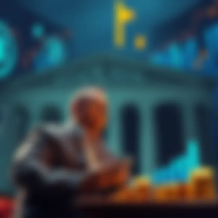 A financial expert discussing stablecoin yields in front of a bank, with charts showing growth and digital currency icons in the background.