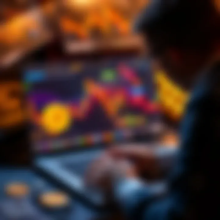 A person analyzing Bitcoin staking options on a laptop, with cryptocurrency charts on the screen.
