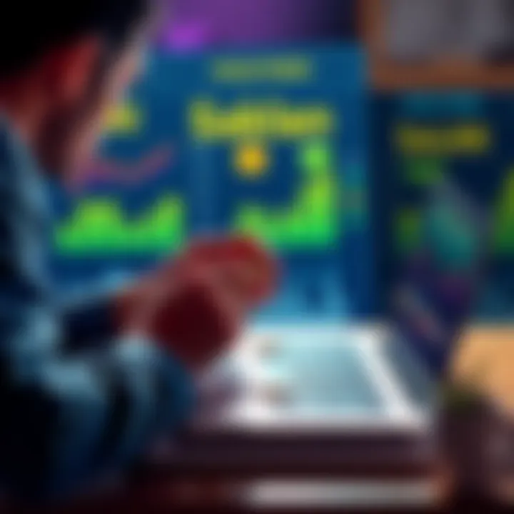 A person examining Solana tokens on a laptop with charts showing staking rewards in the background.