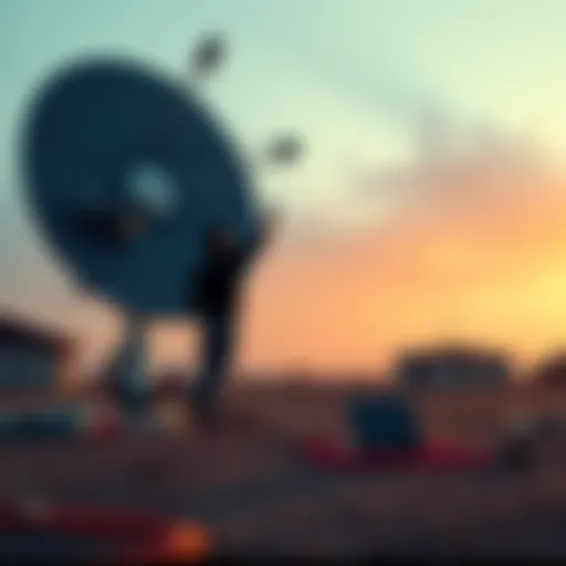 A person setting up a Starlink satellite dish in a remote area of Guatemala with a laptop nearby, showing a focus on internet connectivity and torrenting concerns