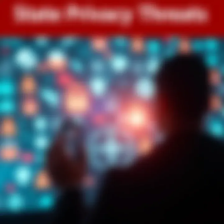 A person looking at a digital screen filled with surveillance icons, representing state attacks on privacy.