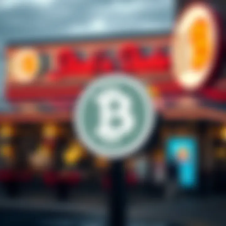 Steak โn Shake restaurant with Bitcoin logo Exterior of a Steak โn Shake restaurant featuring a Bitcoin logo on a digital payment sign