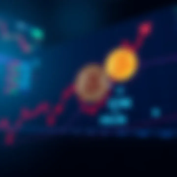 A graph showing a sharp decline in stock prices with a Bitcoin symbol rising above $70K, representing contrasting market trends.