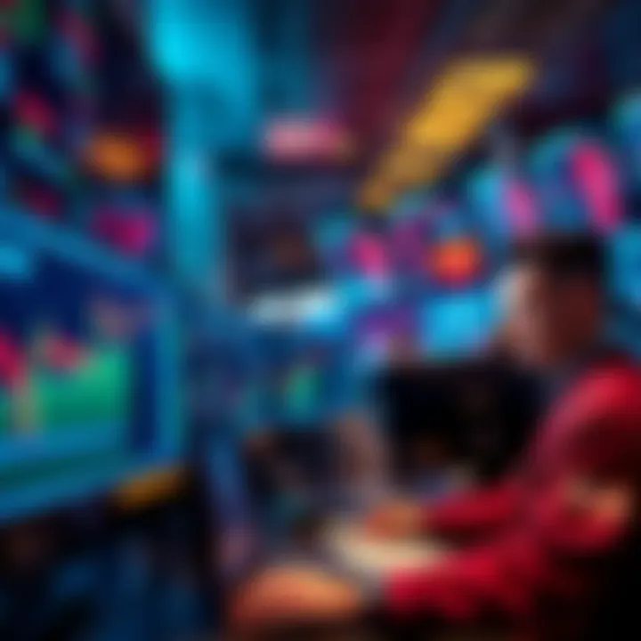 A stock market chart showing a downward trend with traders looking concerned at their screens