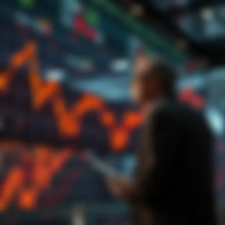 A graph showing declining stock prices with a worried investor looking on