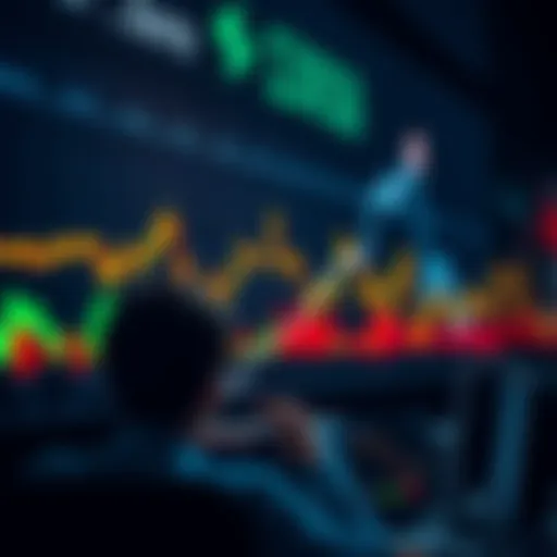 A downward trend line on a stock market chart with worried investors looking at screens