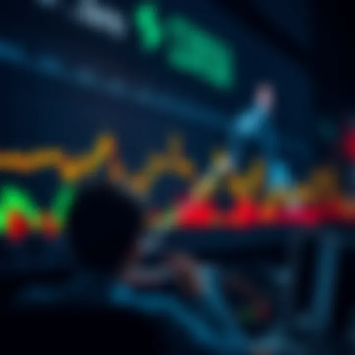 A downward trend line on a stock market chart with worried investors looking at screens