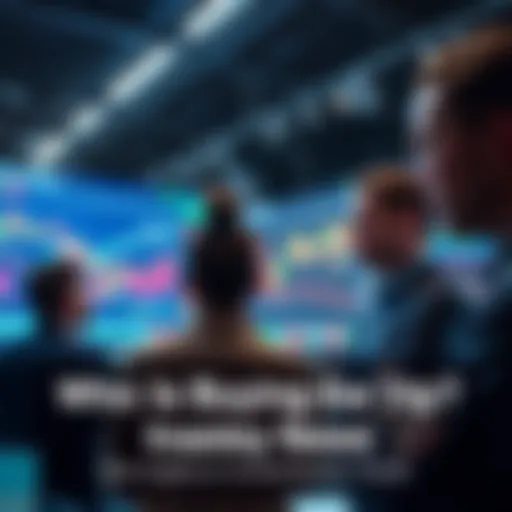 A group of investors discussing stock market trends with charts and graphs displayed on a screen.