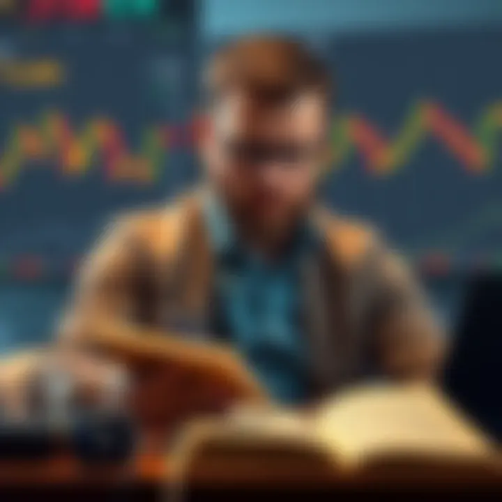 A calm investor studying Bitcoin price charts with a Stoic philosophy book open beside them, reflecting a blend of patience and strategy.