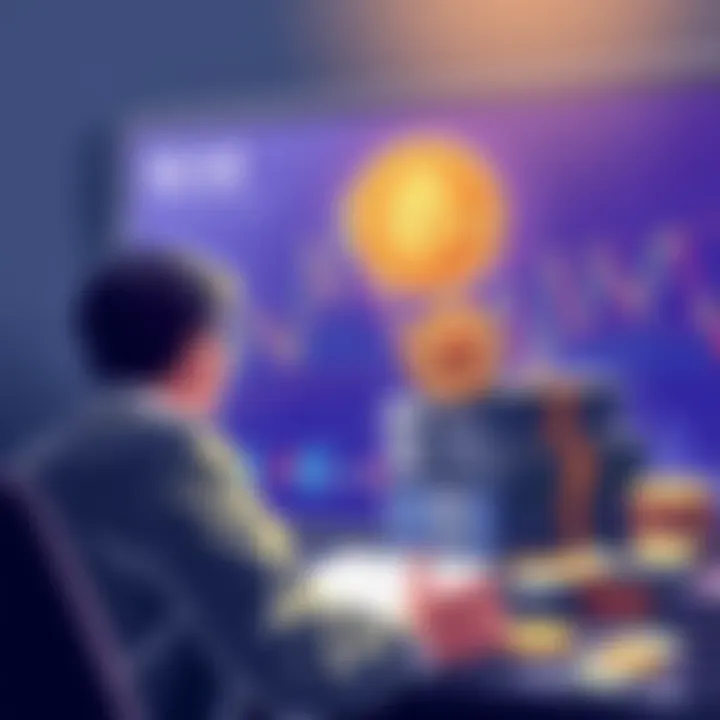 Illustration of a person analyzing Bitcoin charts with a stack of cash to represent the sale of 32 BTC for $2.5 million.