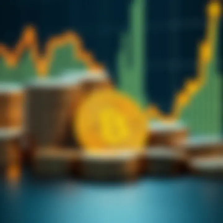 A representation of Strategy's recent acquisition of Bitcoin, showing stacks of Bitcoin coins with a graph indicating rising value.