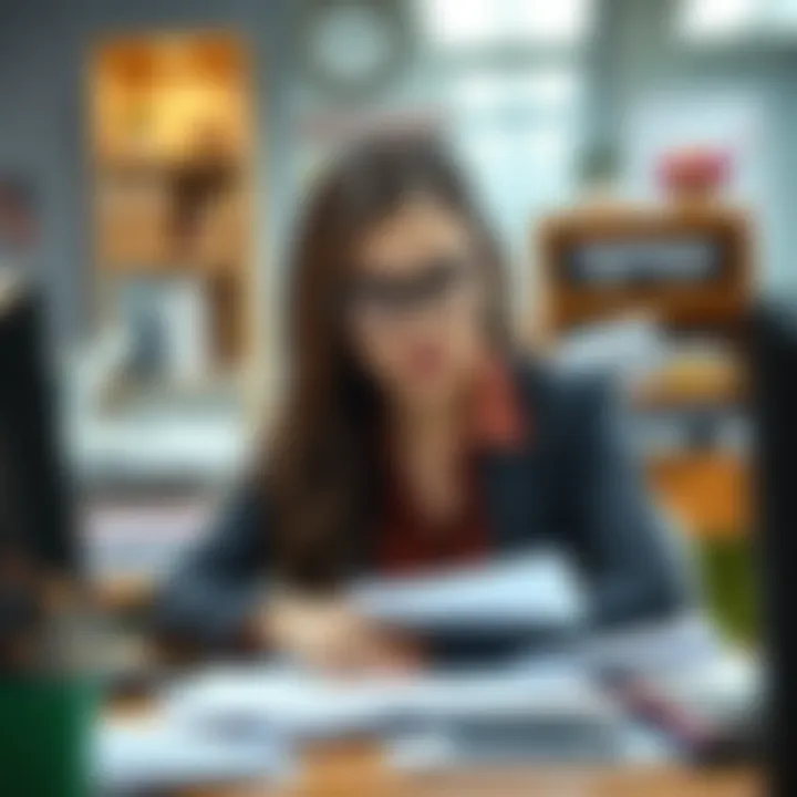 A young woman looks overwhelmed at her desk filled with paperwork after returning from PTO.