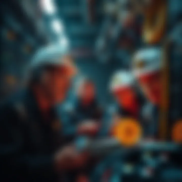 Bitcoin miners calculating losses as costs exceed market price, showing worried expressions in a dimly lit room with mining equipment around them.